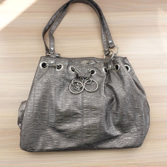 Crocodile Bag Leather Shoulder Gray Bucket Purse Embossed Studded Exotic Faux - Picture 3 of 15